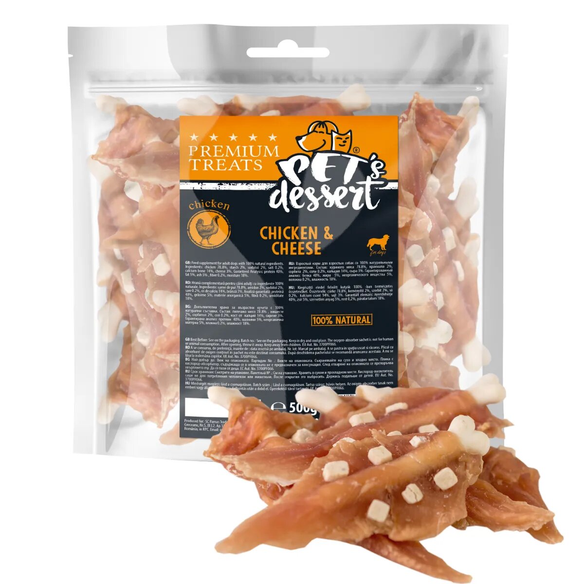 PET'S DESSERT XS-XL Pui și Brânză punguță recompense fără cereale câini 500g