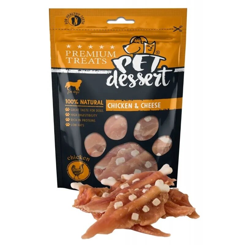 PET'S DESSERT XS-XL Pui și Brânză punguță recompense fără cereale câini 80g