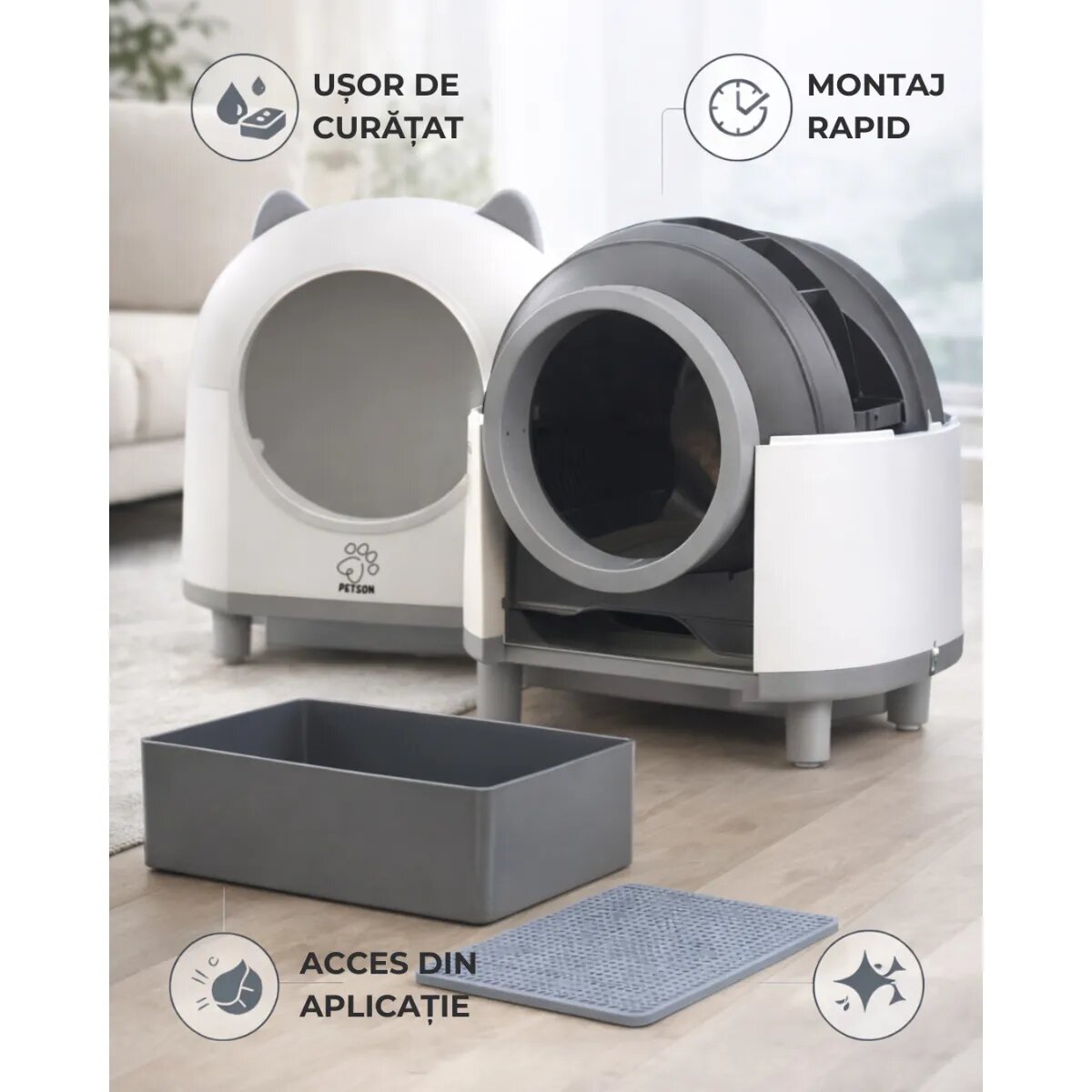PETSON litieră automată pisici aplicație mobilă auto-curățare odorizare alb și gri 55.5x51x60 cm
