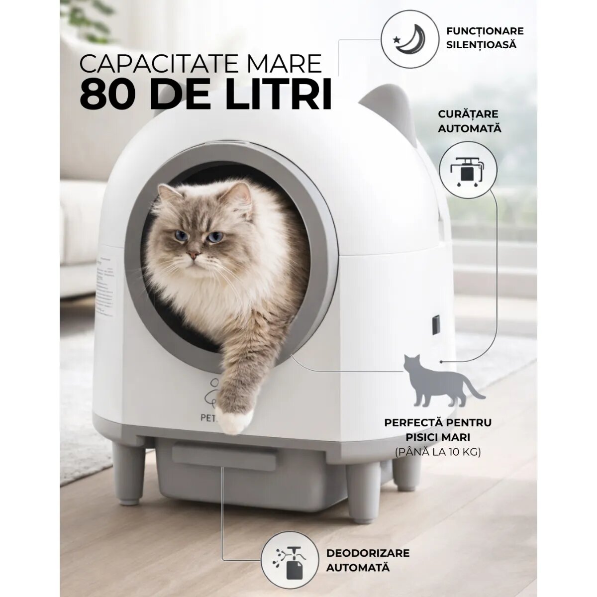 PETSON litieră automată pisici aplicație mobilă auto-curățare odorizare alb și gri 55.5x51x60 cm