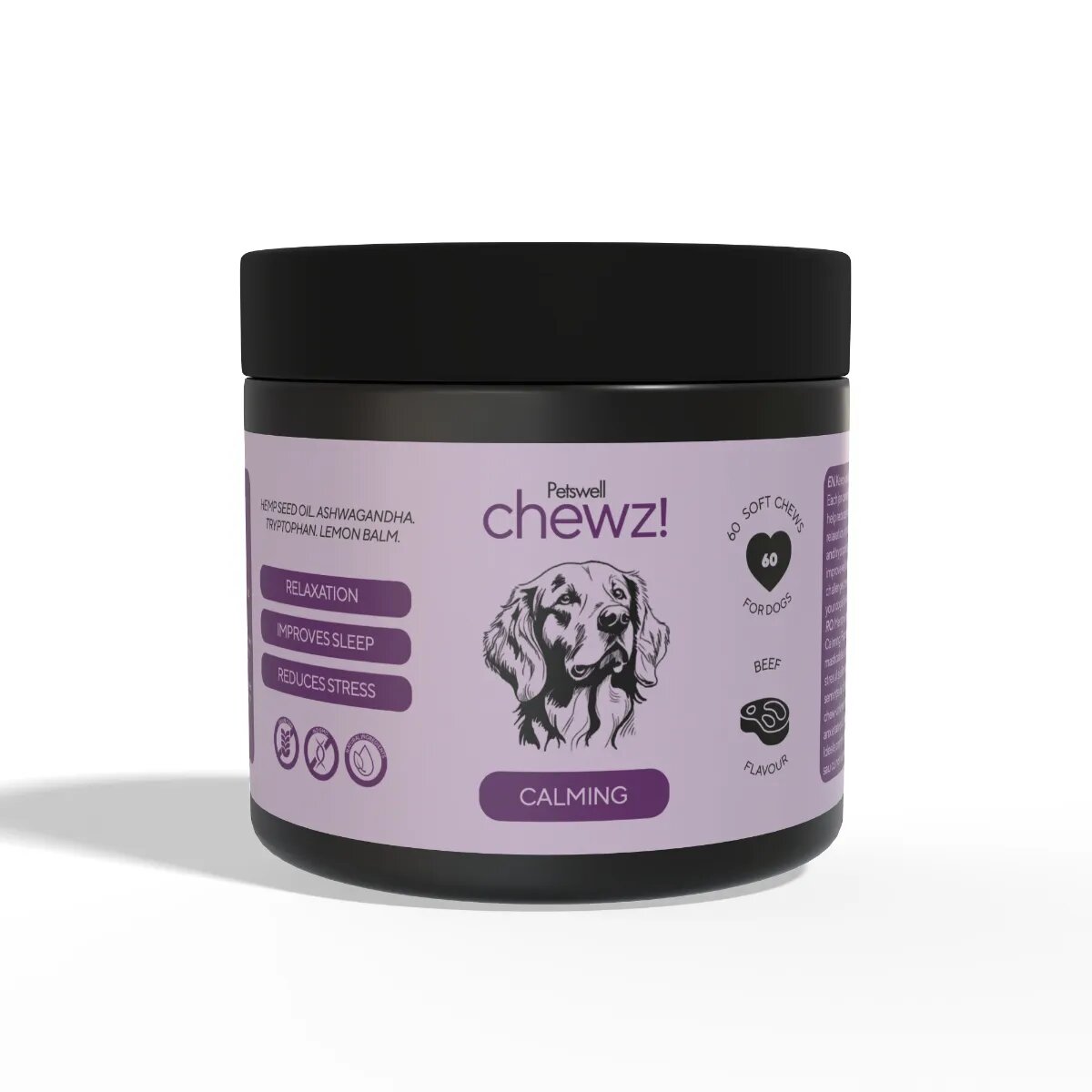 Petswell Chewz Calming supliment sistem nervos & calmante câini Vită comprimate masticabile Chewz Calming supliment sistem nervos & calmante câini Vită flacon 60 comprimate masticabile