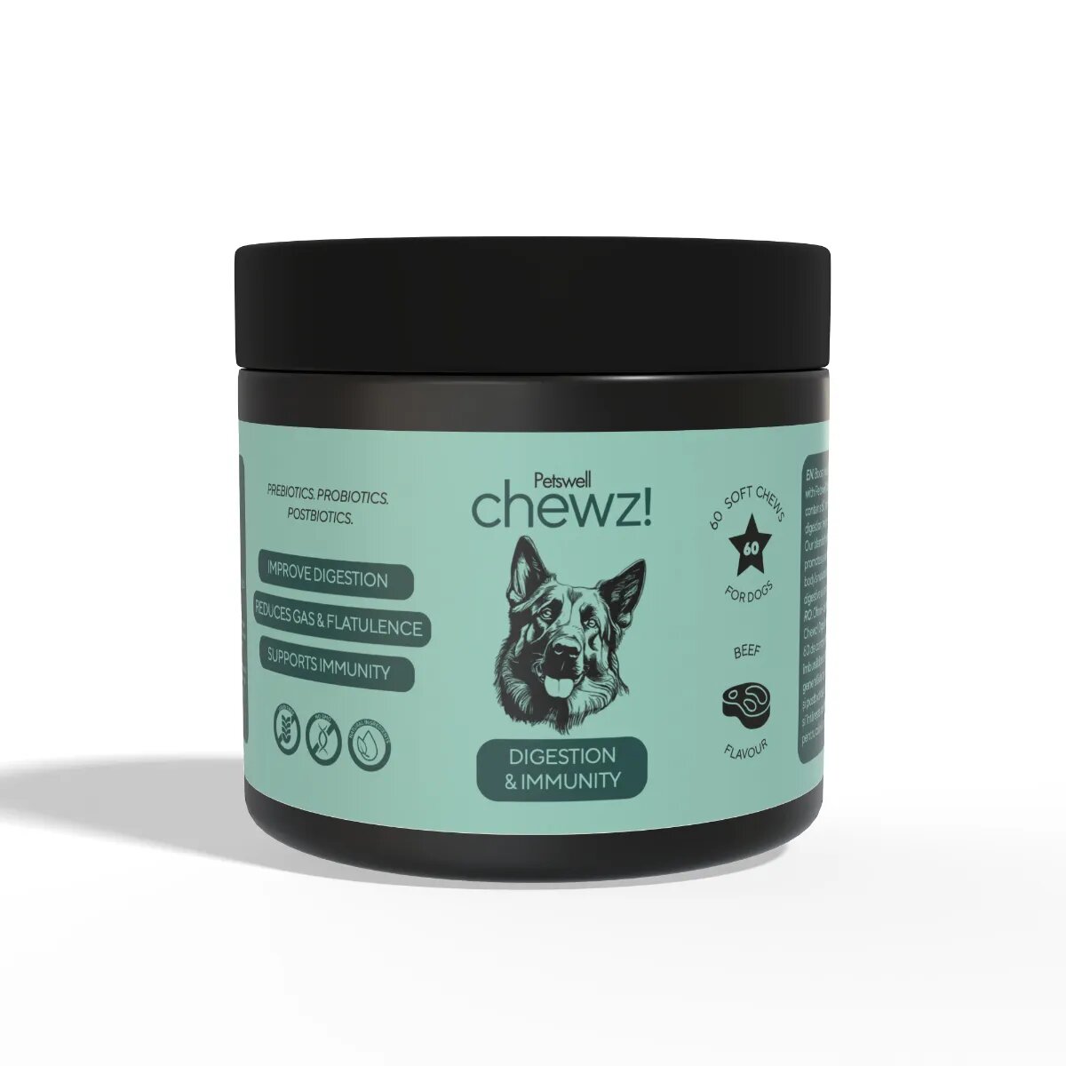 Petswell Chewz Digestion & Immunity supliment sistem digestiv imunitate câini Vită comprimate masticabile Chewz Digestion & Immunity supliment sistem digestiv imunitate câini Vită flacon 60 comprimate masticabile