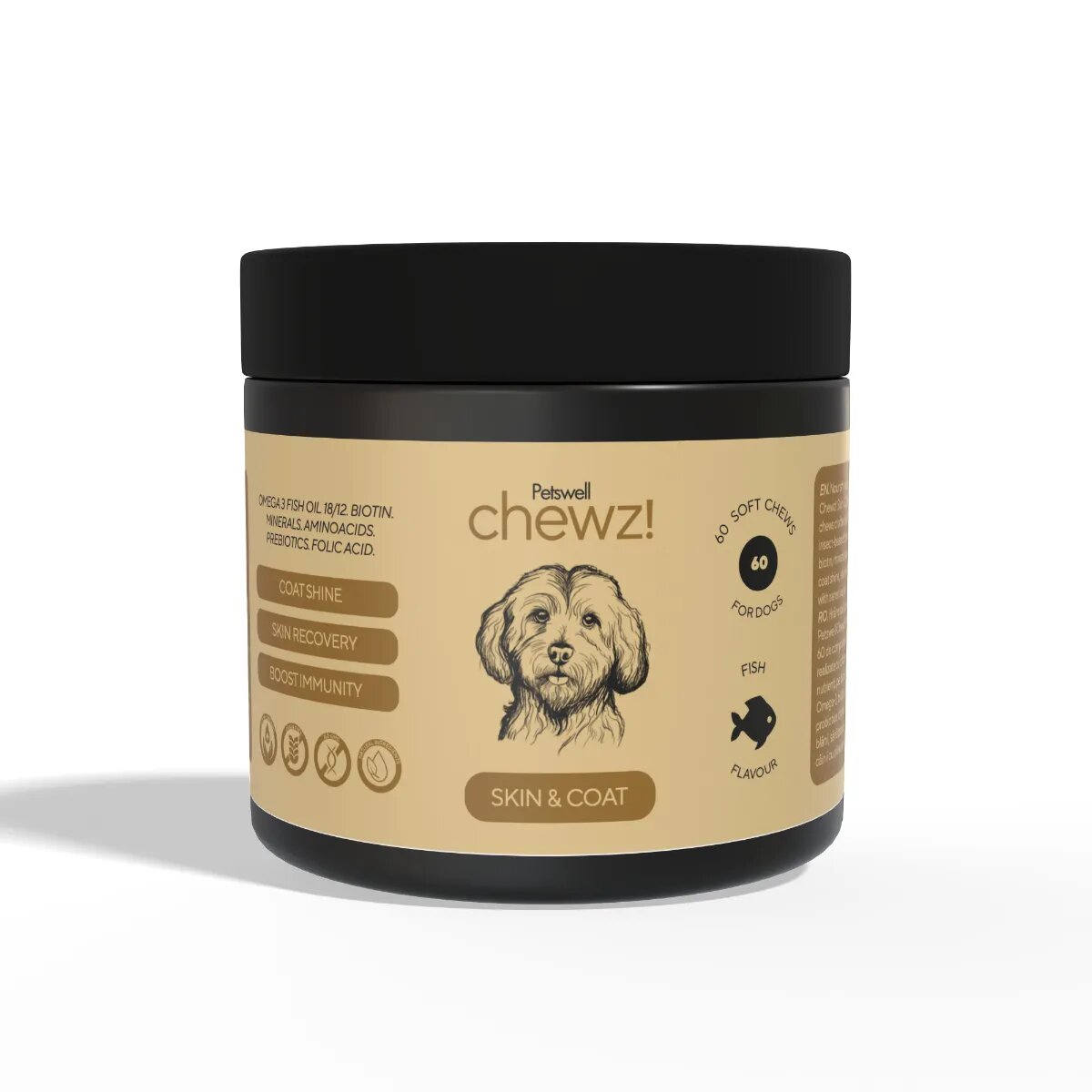 Petswell Chewz Skin & Coat supliment piele & blană câini Pește comprimate masticabile Chewz Skin & Coat supliment piele & blană câini Pește flacon 60 comprimate masticabile