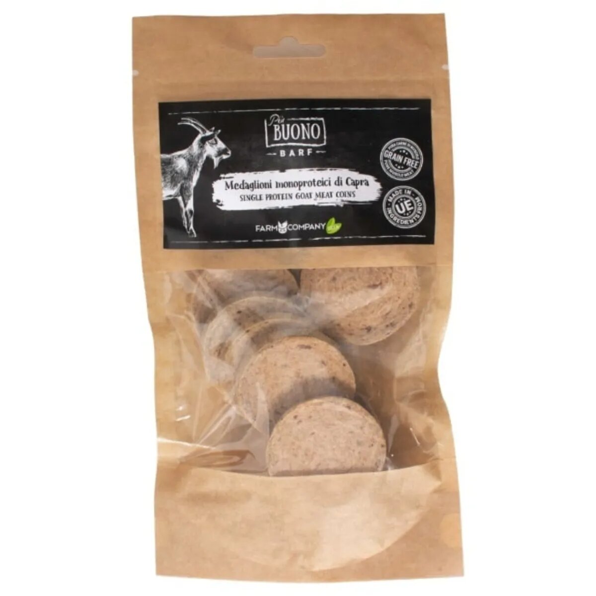 PIU BUONO Single Protein Meat Coins XS-XL Capră punguță recompense monoproteice BARF câini 80g