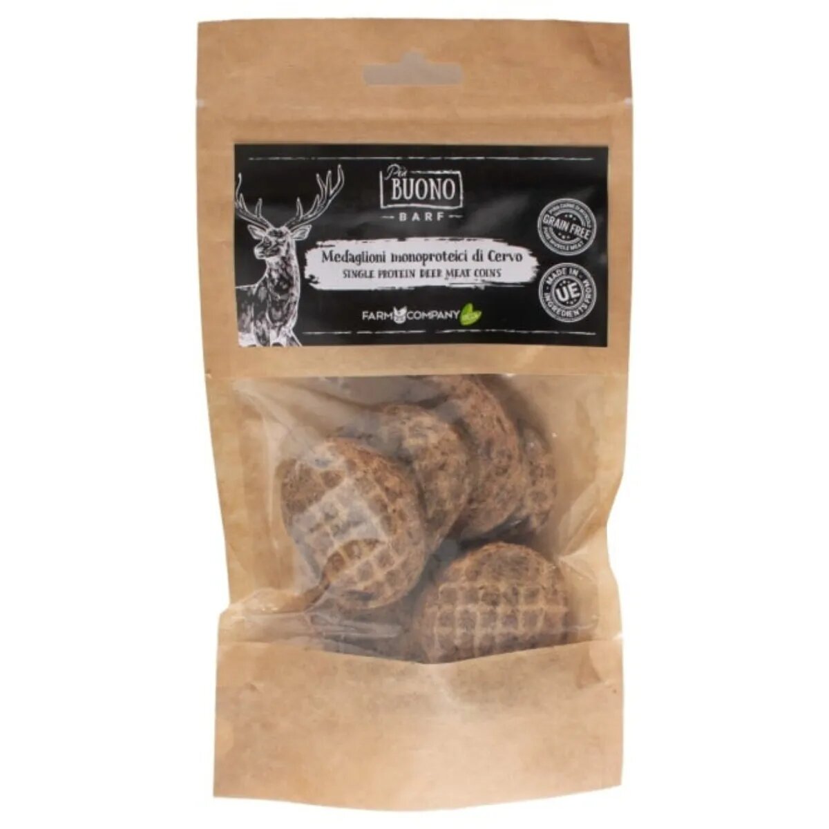 PIU BUONO Single Protein Meat Coins XS-XL Căprioară punguță recompense monoproteice BARF câini 80g
