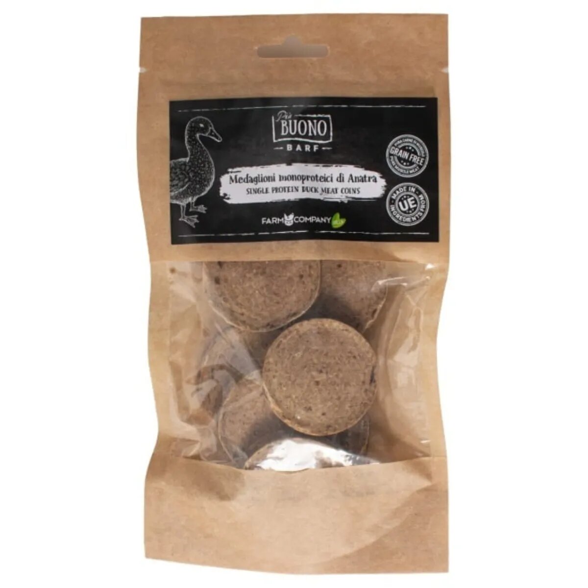 PIU BUONO Single Protein Meat Coins XS-XL Rață punguță recompense monoproteice BARF câini 70g