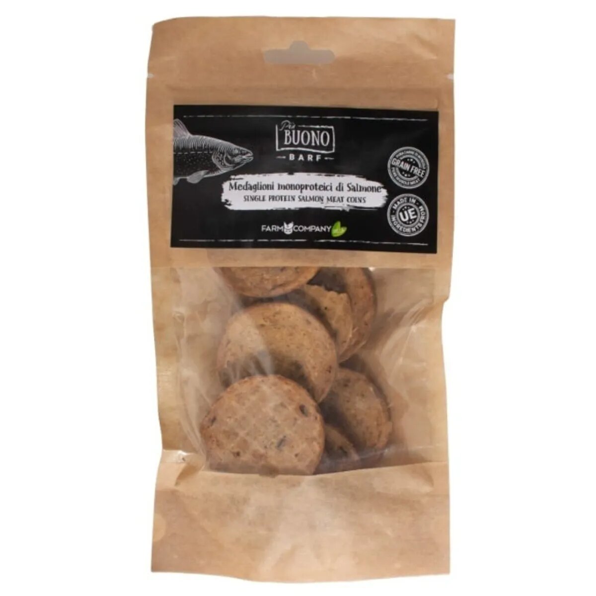 PIU BUONO Single Protein Meat Coins XS-XL Somon punguță recompense monoproteice BARF câini 70g