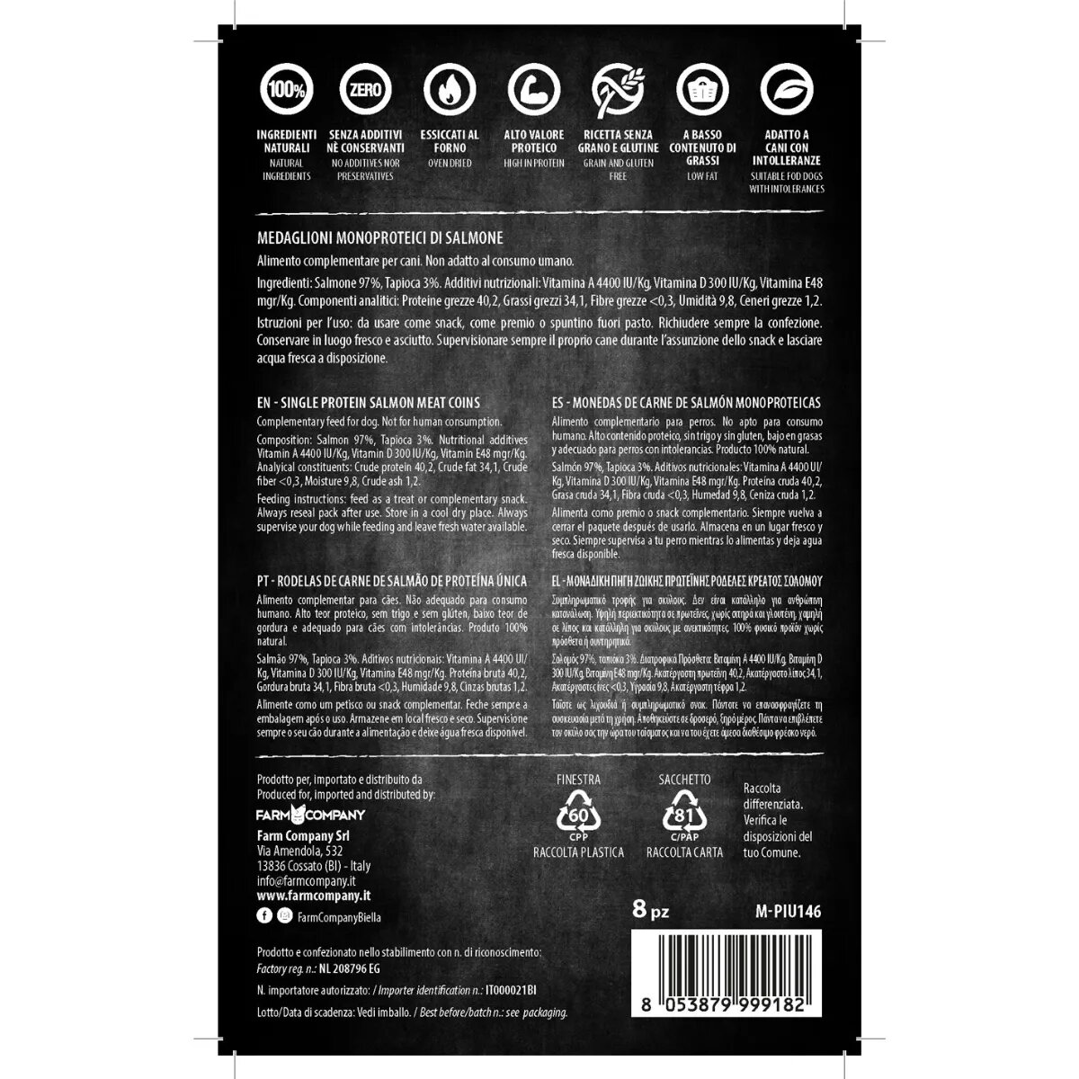 PIU BUONO Single Protein Meat Coins XS-XL Somon punguță recompense monoproteice BARF câini 70g