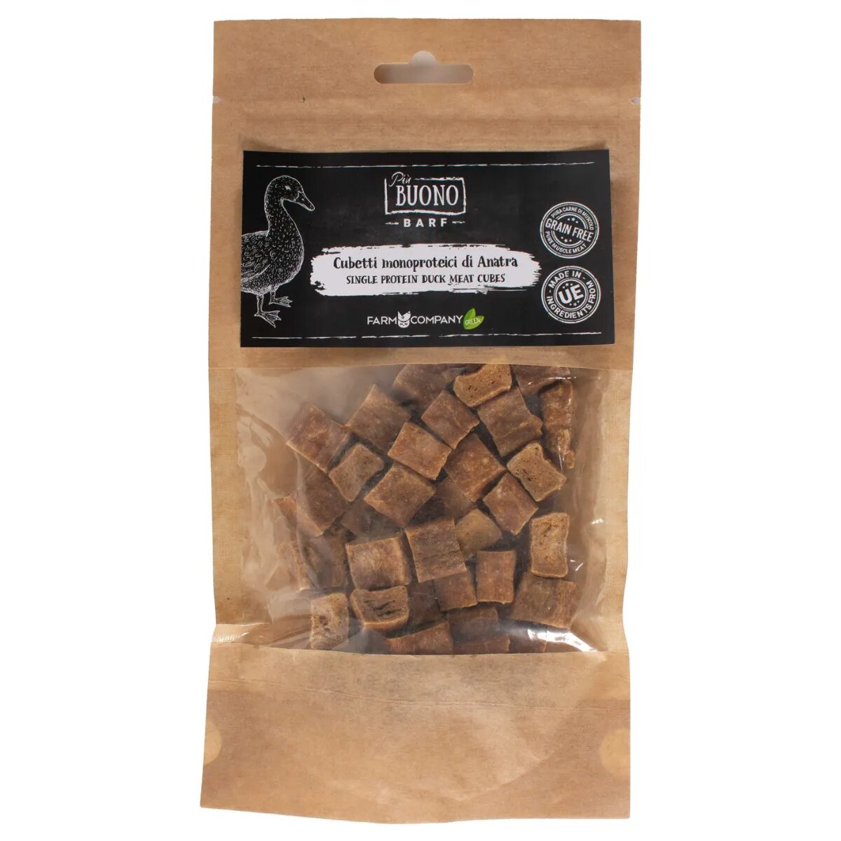 PIU BUONO Single Protein Meat Cubes XS-XL Rață punguță recompense monoproteice BARF câini 70g