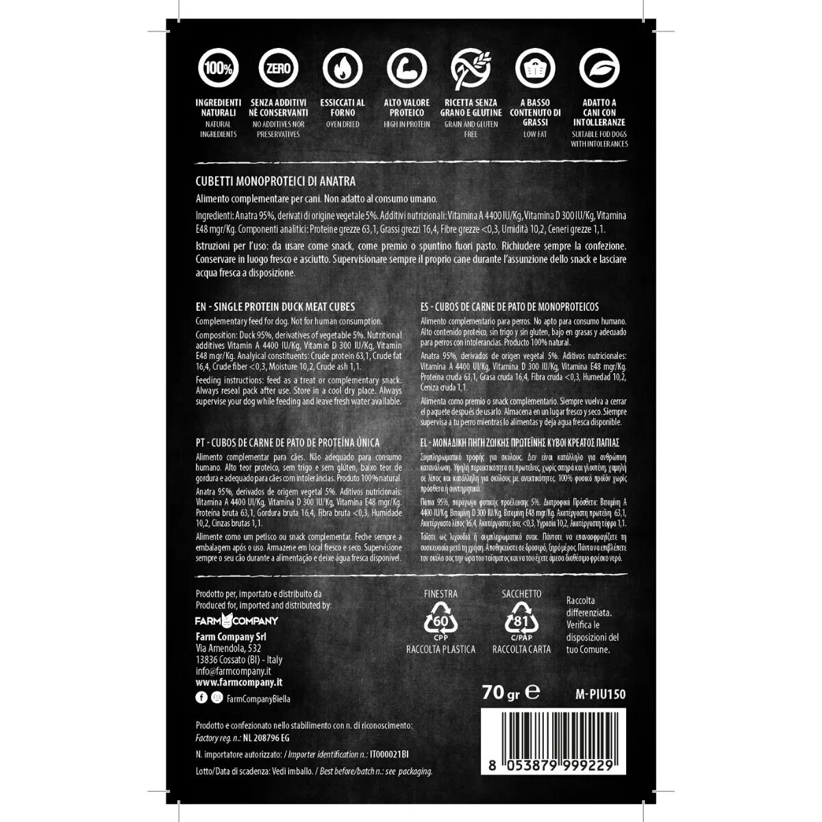 PIU BUONO Single Protein Meat Cubes XS-XL Rață punguță recompense monoproteice BARF câini 70g