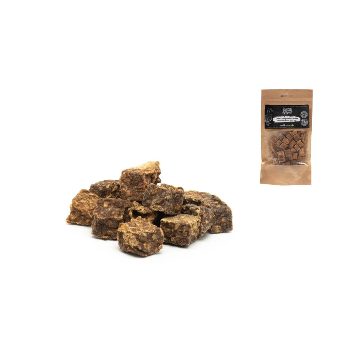 PIU BUONO Single Protein Meat Cubes XS-XL Rață punguță recompense monoproteice BARF câini 70g