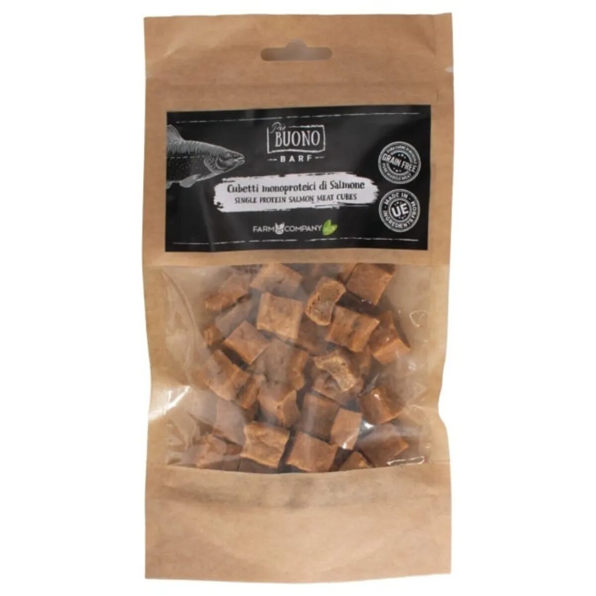 PIU BUONO Single Protein Meat Cubes XS-XL Somon punguță recompense monoproteice BARF câini 70g