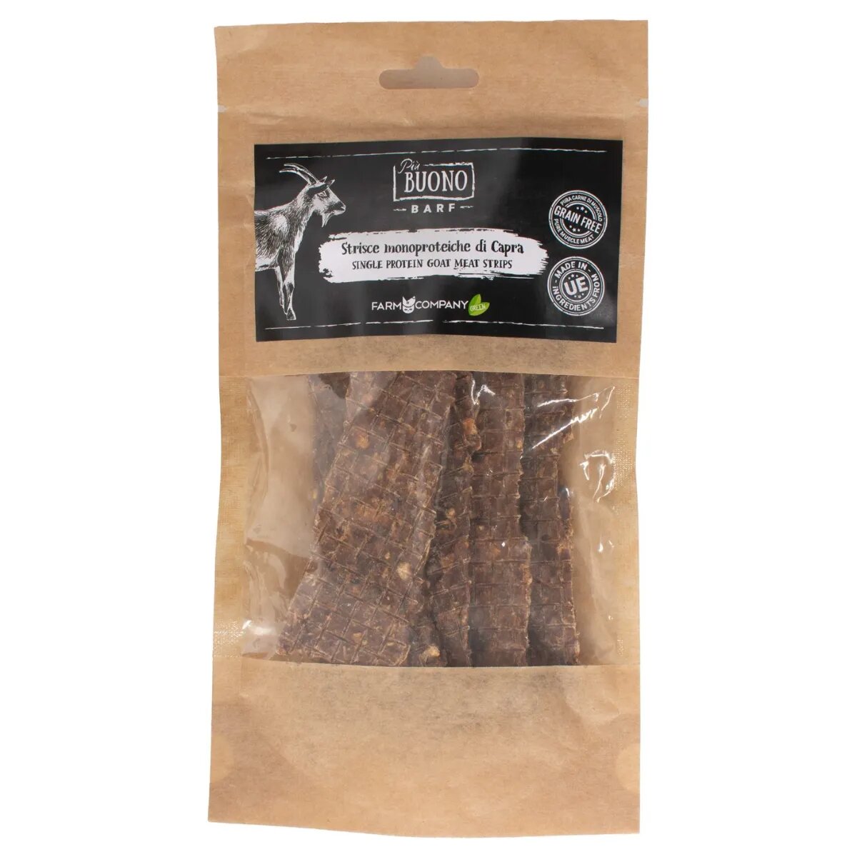 PIU BUONO Single Protein Meat Strips XS-XL Capră punguță recompense monoproteice BARF câini 70g