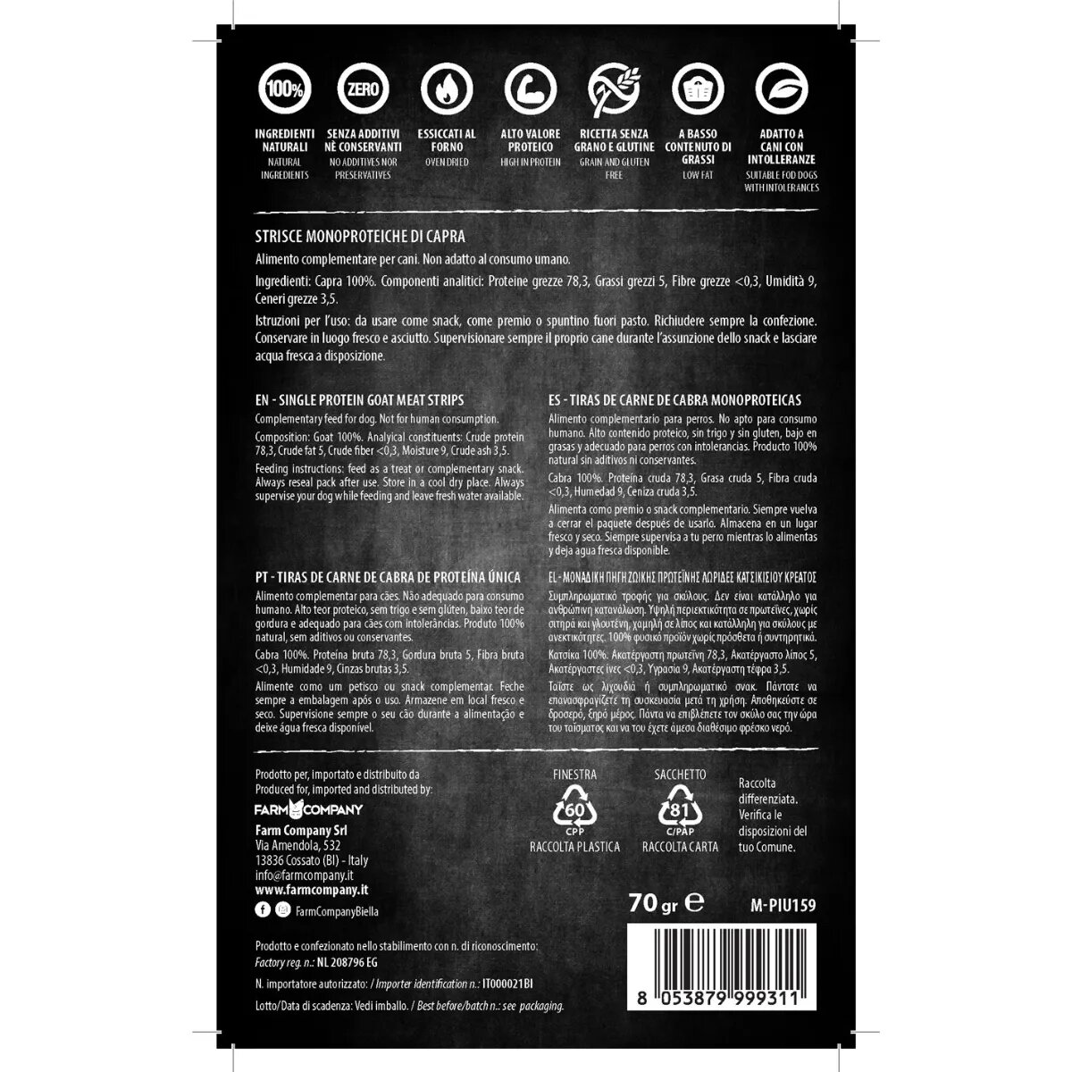 PIU BUONO Single Protein Meat Strips XS-XL Capră punguță recompense monoproteice BARF câini 70g