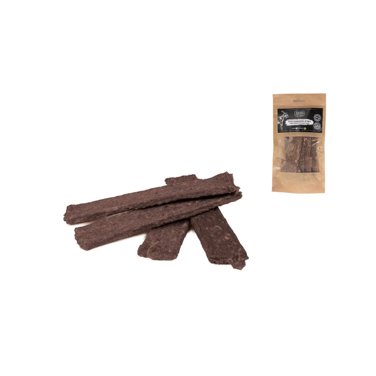 PIU BUONO Single Protein Meat Strips XS-XL Capră punguță recompense monoproteice BARF câini 70g