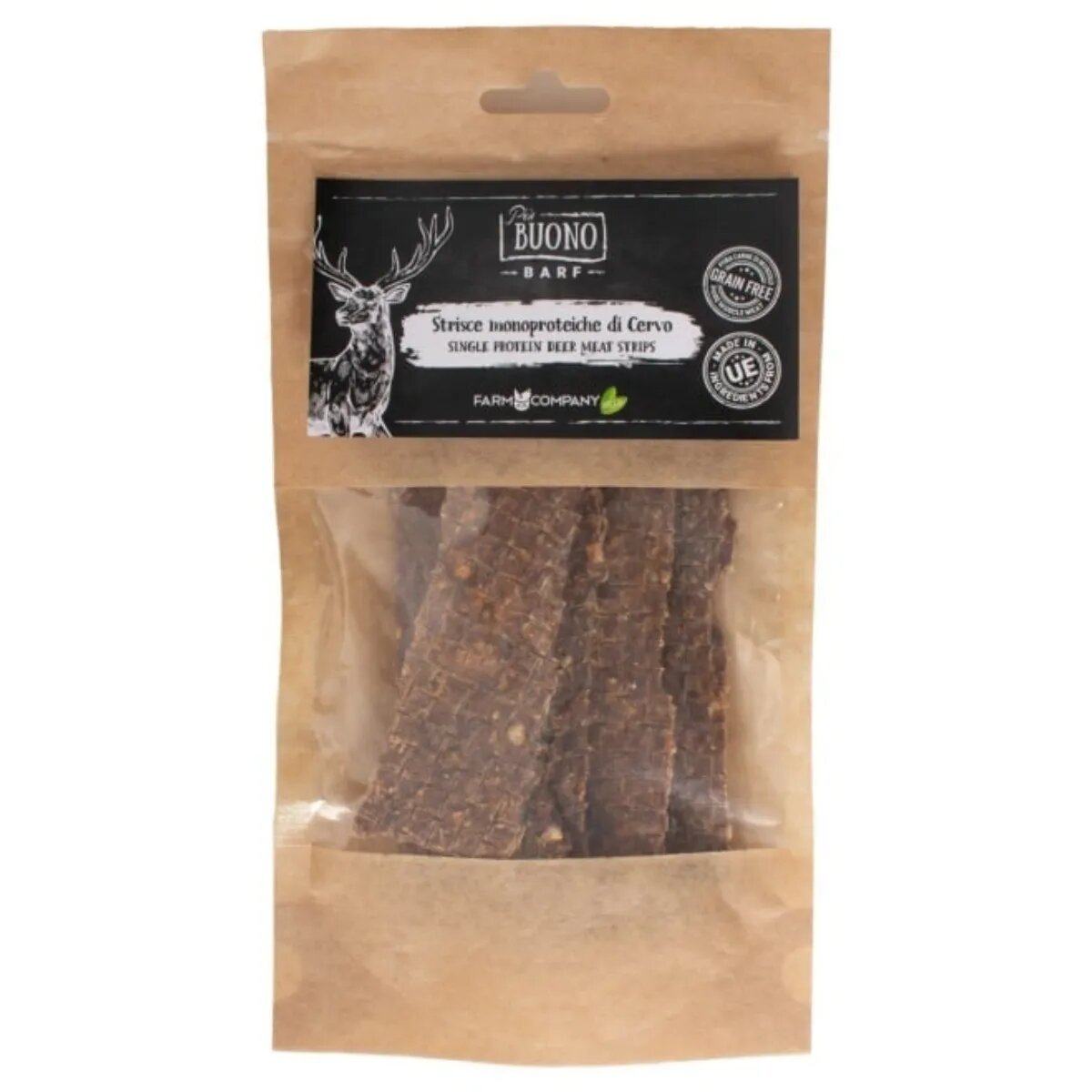 PIU BUONO Single Protein Meat Strips XS-XL Căprioară punguță recompense monoproteice BARF câini 70g