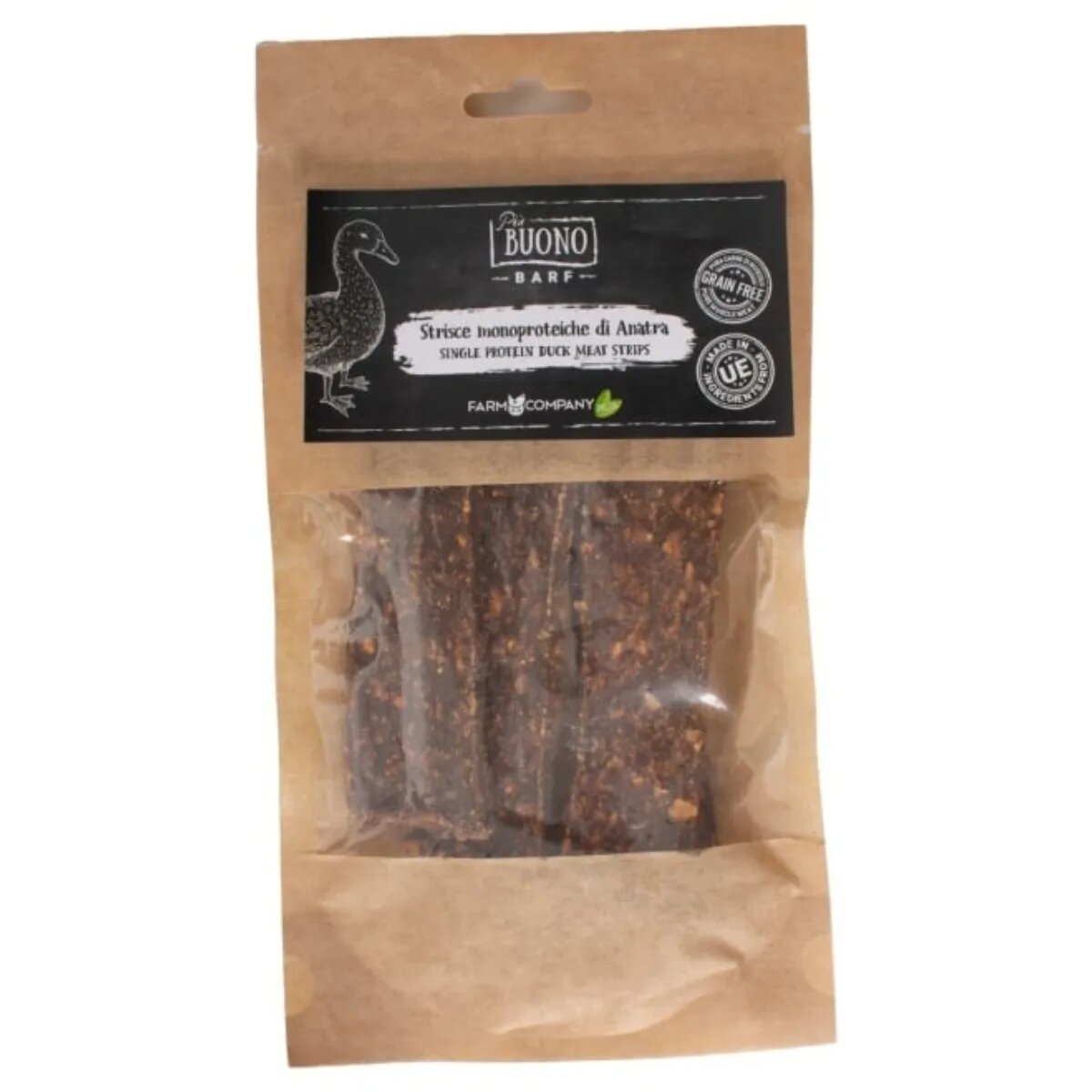 PIU BUONO Single Protein Meat Strips XS-XL Rață punguță recompense monoproteice BARF câini 70g