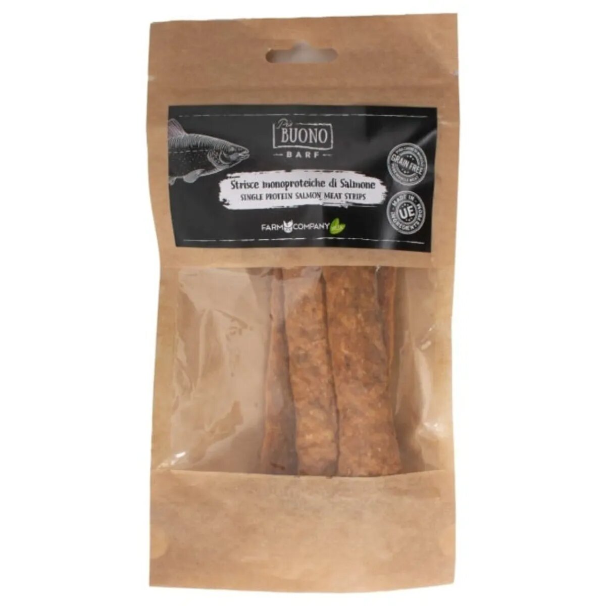 PIU BUONO Single Protein Meat Strips XS-XL Somon punguță recompense monoproteice BARF câini 70g