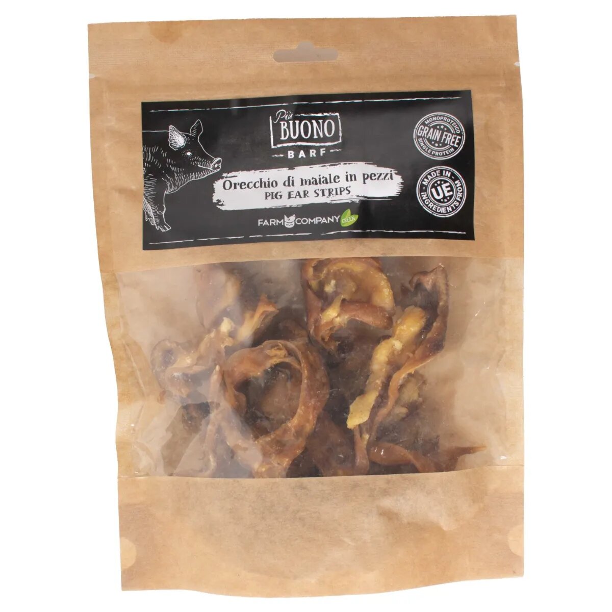 PIU BUONO Strips Urechi de Porc XS-XL punguță recompense câini 150g