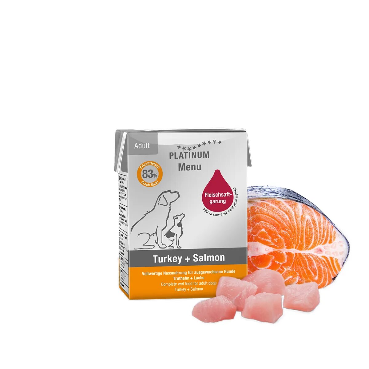 Platinum Menu Adult XS-XL Curcan și Somon tetra pack hrană umedă fără cereale câini (în suc propriu) 185g
