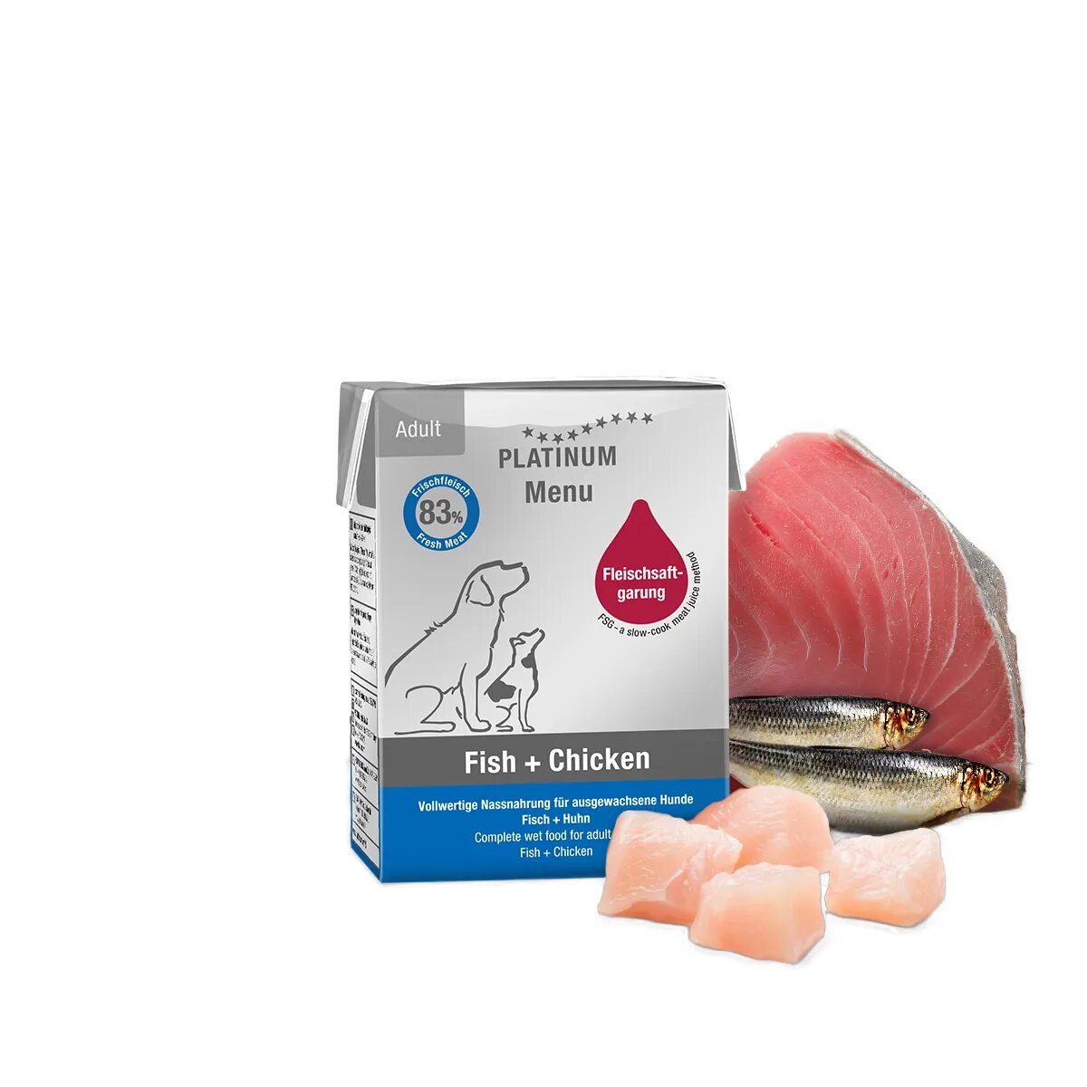 Platinum Menu Adult XS-XL Pește și Pui tetra pack hrană umedă fără cereale câini (în suc propriu) 185g