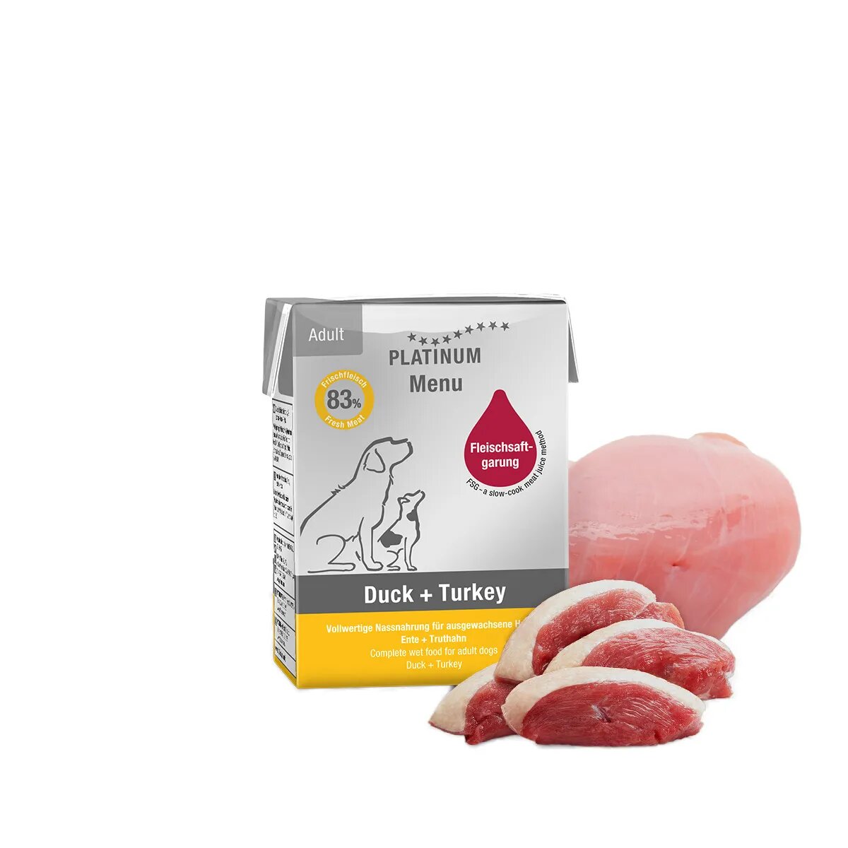 Platinum Menu Adult XS-XL Rață și Curcan tetra pack hrană umedă fără cereale câini (în suc propriu) 185g