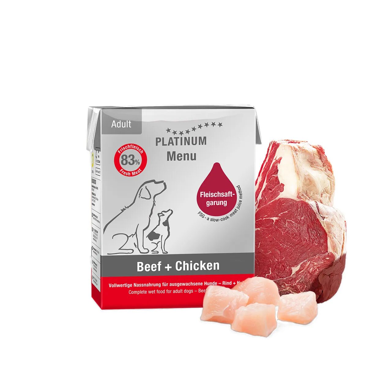 Platinum Menu Adult XS-XL Vită și Pui tetra pack hrană umedă fără cereale câini (în suc propriu) 185g