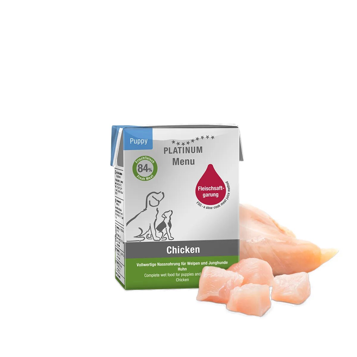Platinum Menu Puppy XS-XL Pui tetra pack hrană umedă fără cereale câini junior (în suc propriu) 185g