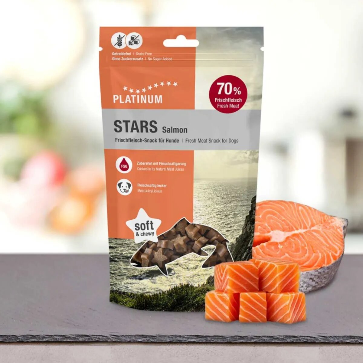 Platinum Stars XS-XL Somon punguță recompense fără cereale câini 185g