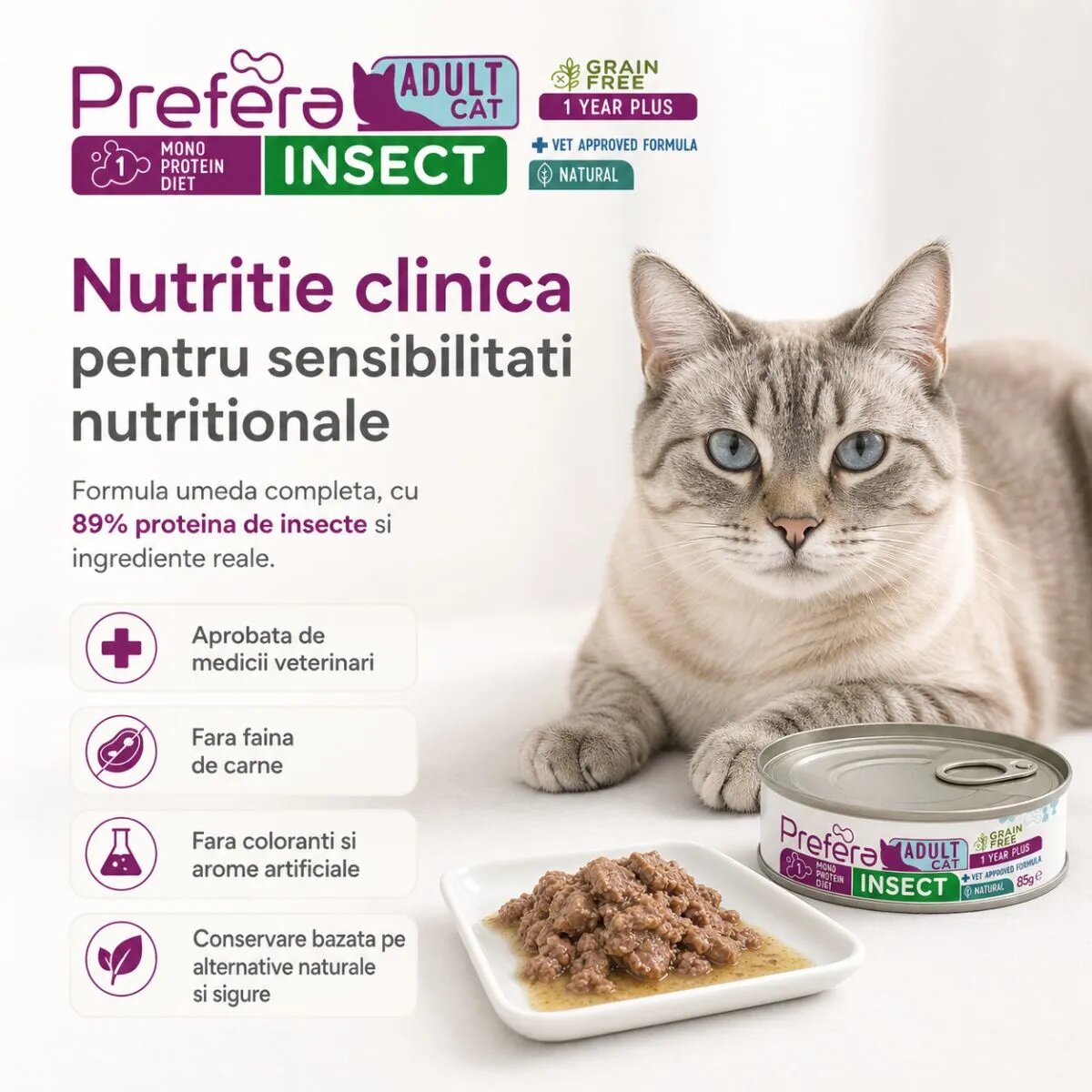 PREFERA MPD Insecte dietă veterinară conservă hrană umedă monoproteică fără cereale pisici (în suc propriu) 85g