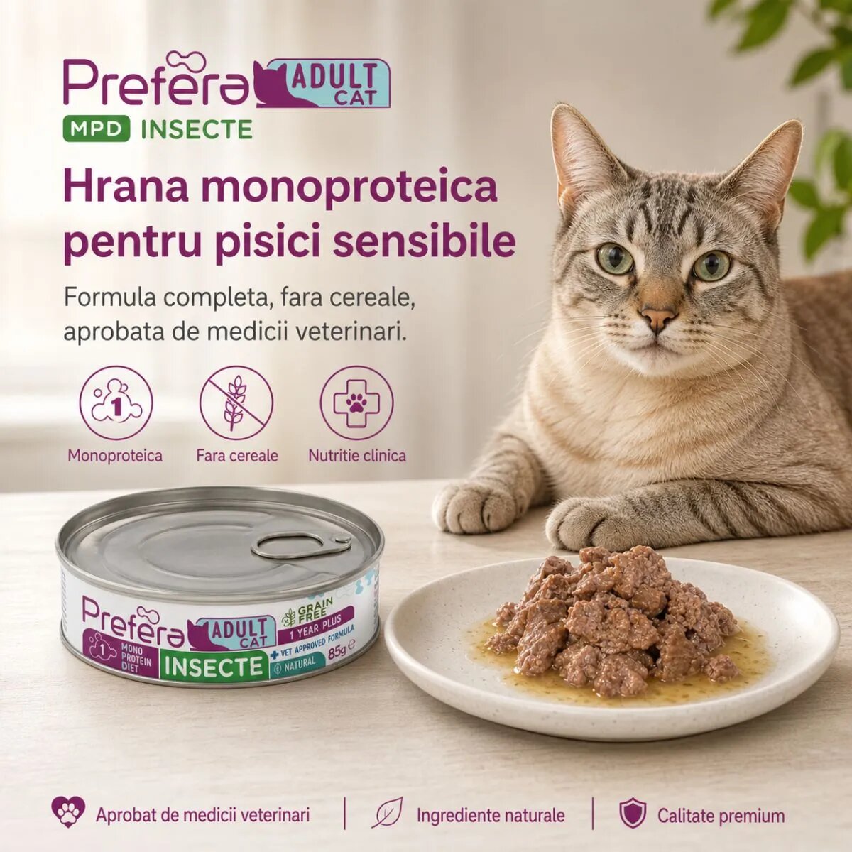 PREFERA MPD Insecte dietă veterinară conservă hrană umedă monoproteică fără cereale pisici (în suc propriu) 85g