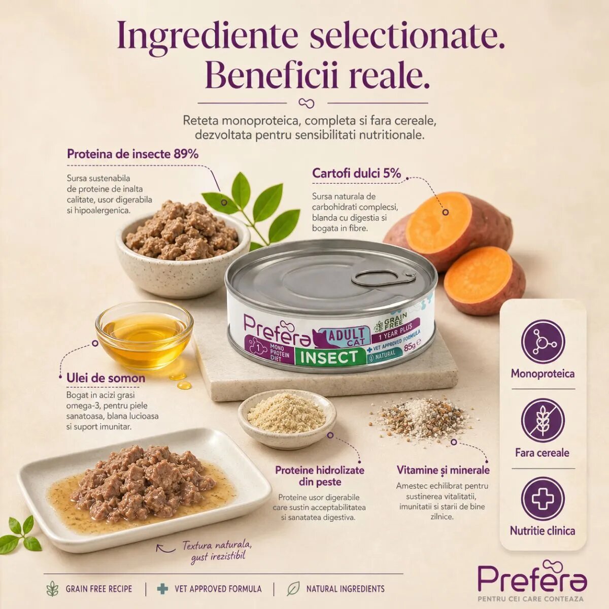 PREFERA MPD Insecte dietă veterinară conservă hrană umedă monoproteică fără cereale pisici (în suc propriu) 85g