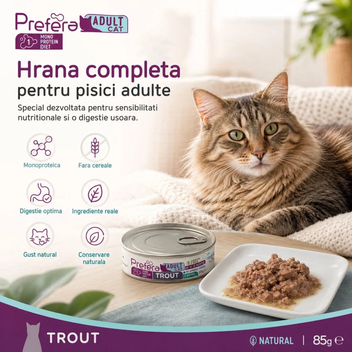 PREFERA MPD Păstrăv dietă veterinară conservă hrană umedă monoproteică fără cereale pisici (în suc propriu) 85g