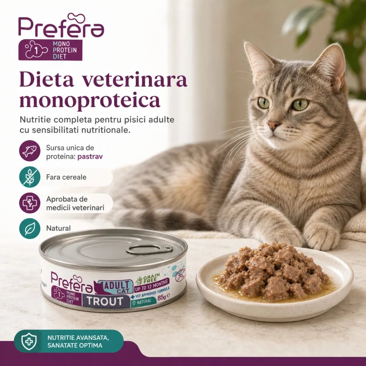 PREFERA MPD Păstrăv dietă veterinară conservă hrană umedă monoproteică fără cereale pisici (în suc propriu) 85g