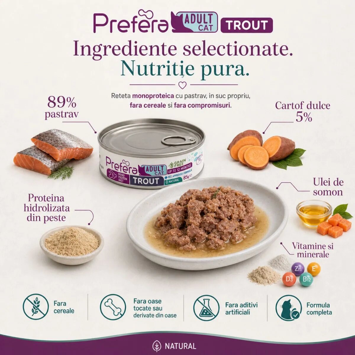 PREFERA MPD Păstrăv dietă veterinară conservă hrană umedă monoproteică fără cereale pisici (în suc propriu) 85g