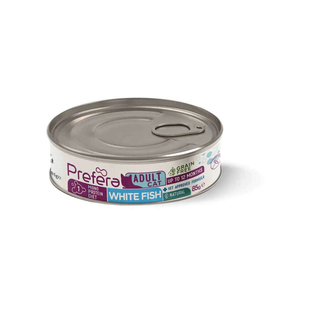 PREFERA MPD Pește alb dietă veterinară conservă hrană umedă monoproteică fără cereale pisici (în suc propriu) 85g