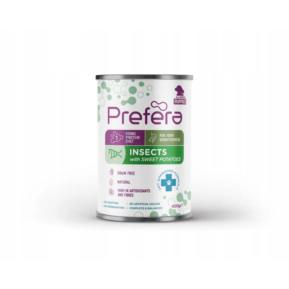 PREFERA MPD Puppies XS-XL Insecte dietă veterinară conservă hrană umedă monoproteică fără cereale câini junior (în suc propriu) 400g