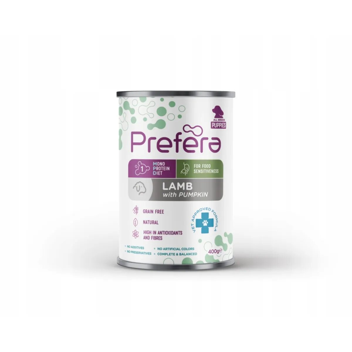 PREFERA MPD Puppies XS-XL Miel și dovleac dietă veterinară conservă hrană umedă monoproteică fără cereale câini junior (în suc propriu) 400g