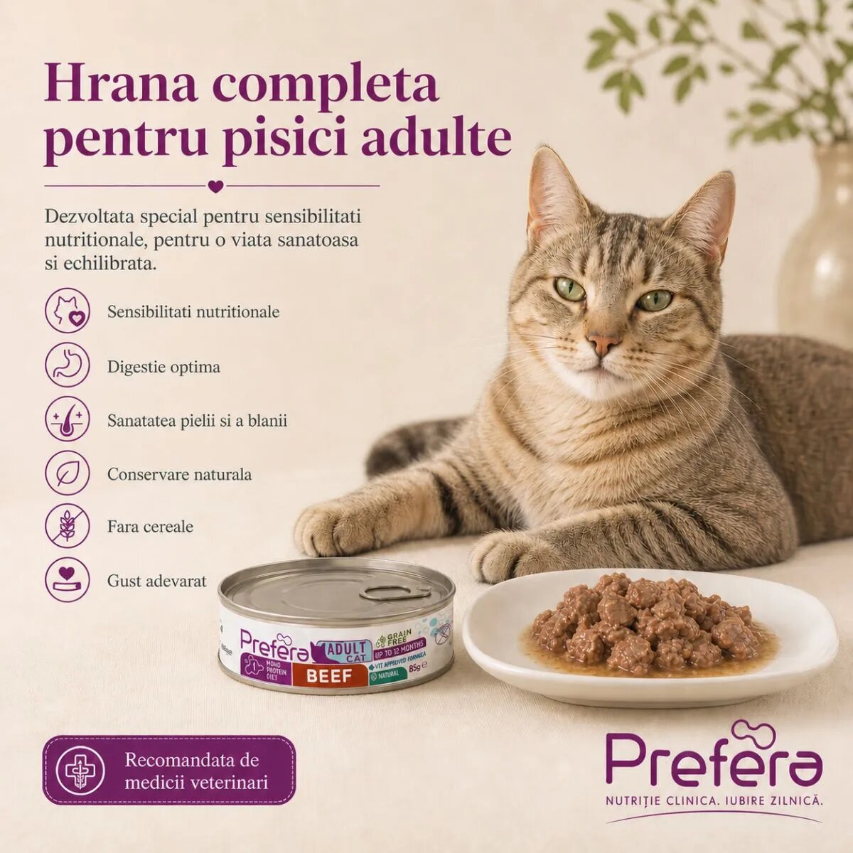 PREFERA MPD Vită dietă veterinară conservă hrană umedă monoproteică fără cereale pisici (în suc propriu) 85g