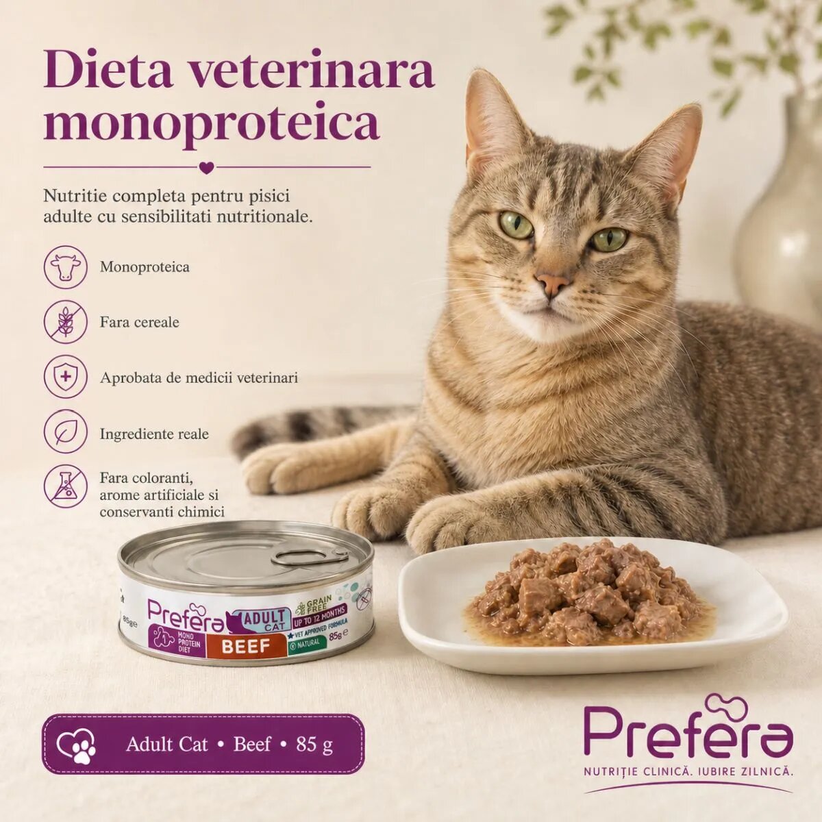 PREFERA MPD Vită dietă veterinară conservă hrană umedă monoproteică fără cereale pisici (în suc propriu) 85g