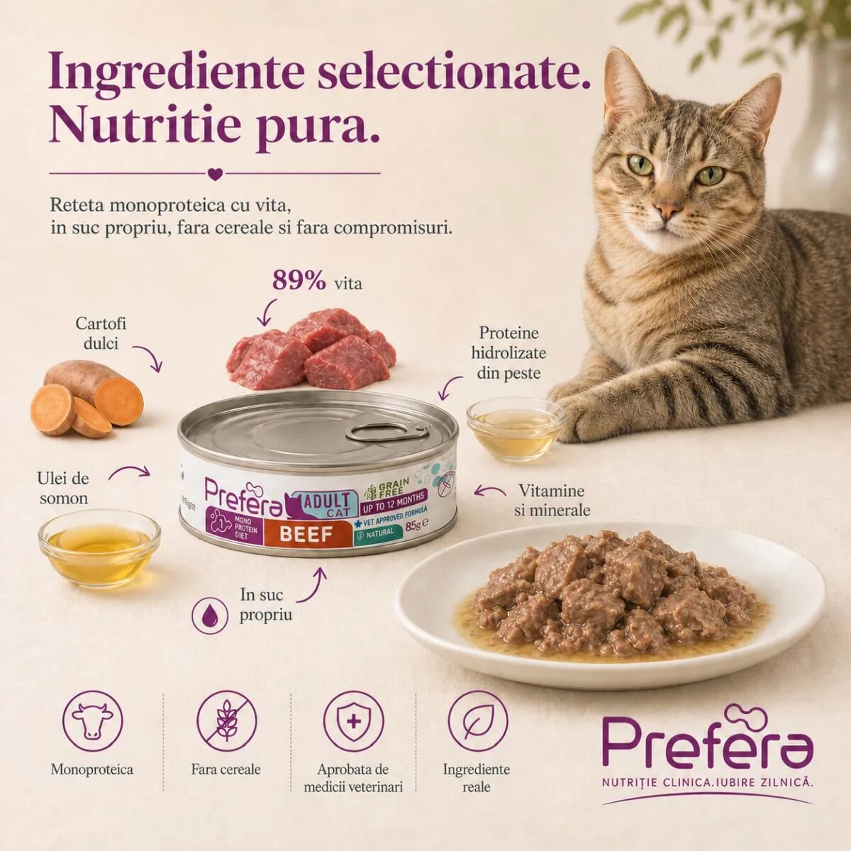 PREFERA MPD Vită dietă veterinară conservă hrană umedă monoproteică fără cereale pisici (în suc propriu) 85g
