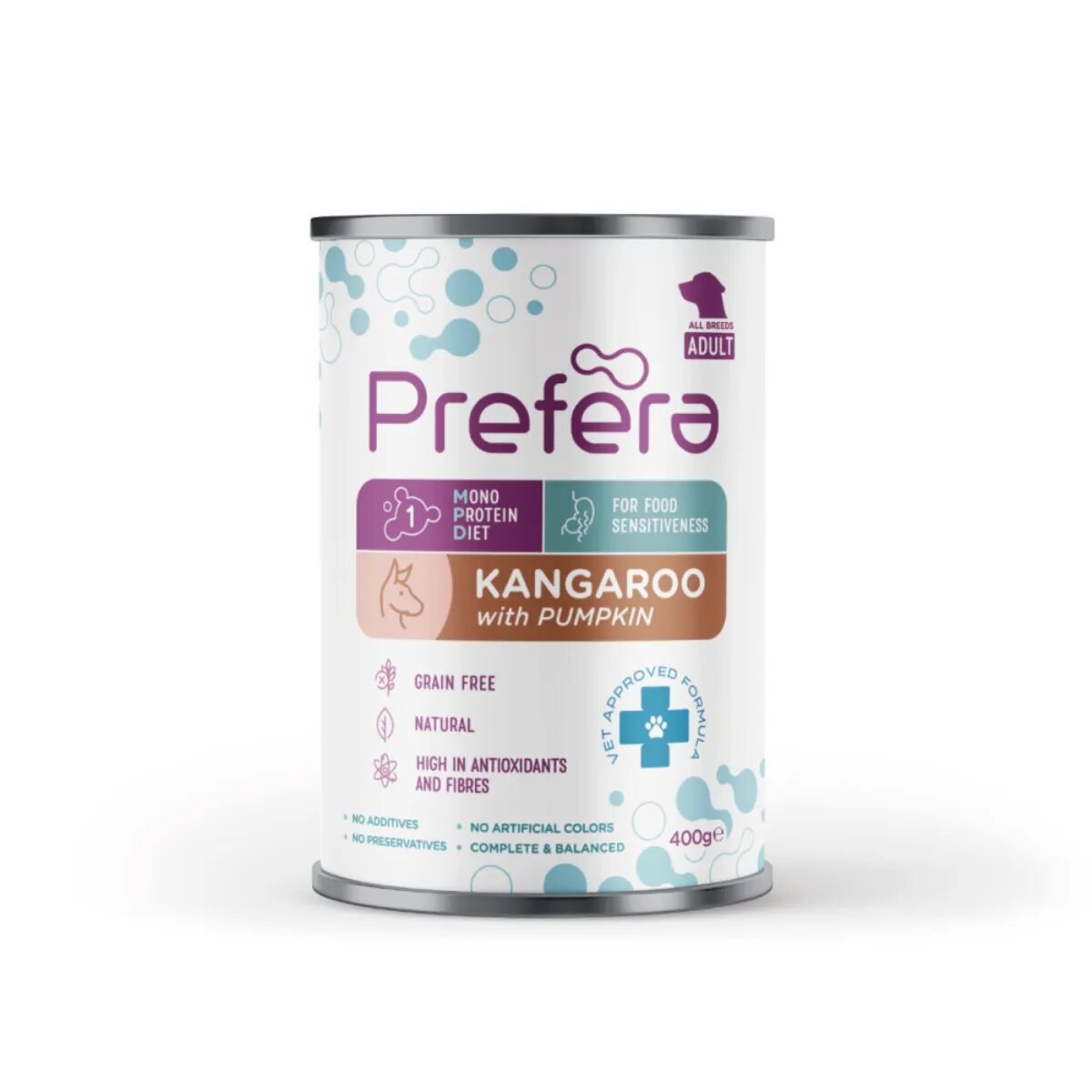 PREFERA MPD XS-XL Cangur dietă veterinară conservă hrană umedă monoproteică fără cereale câini (în suc propriu) 400g
