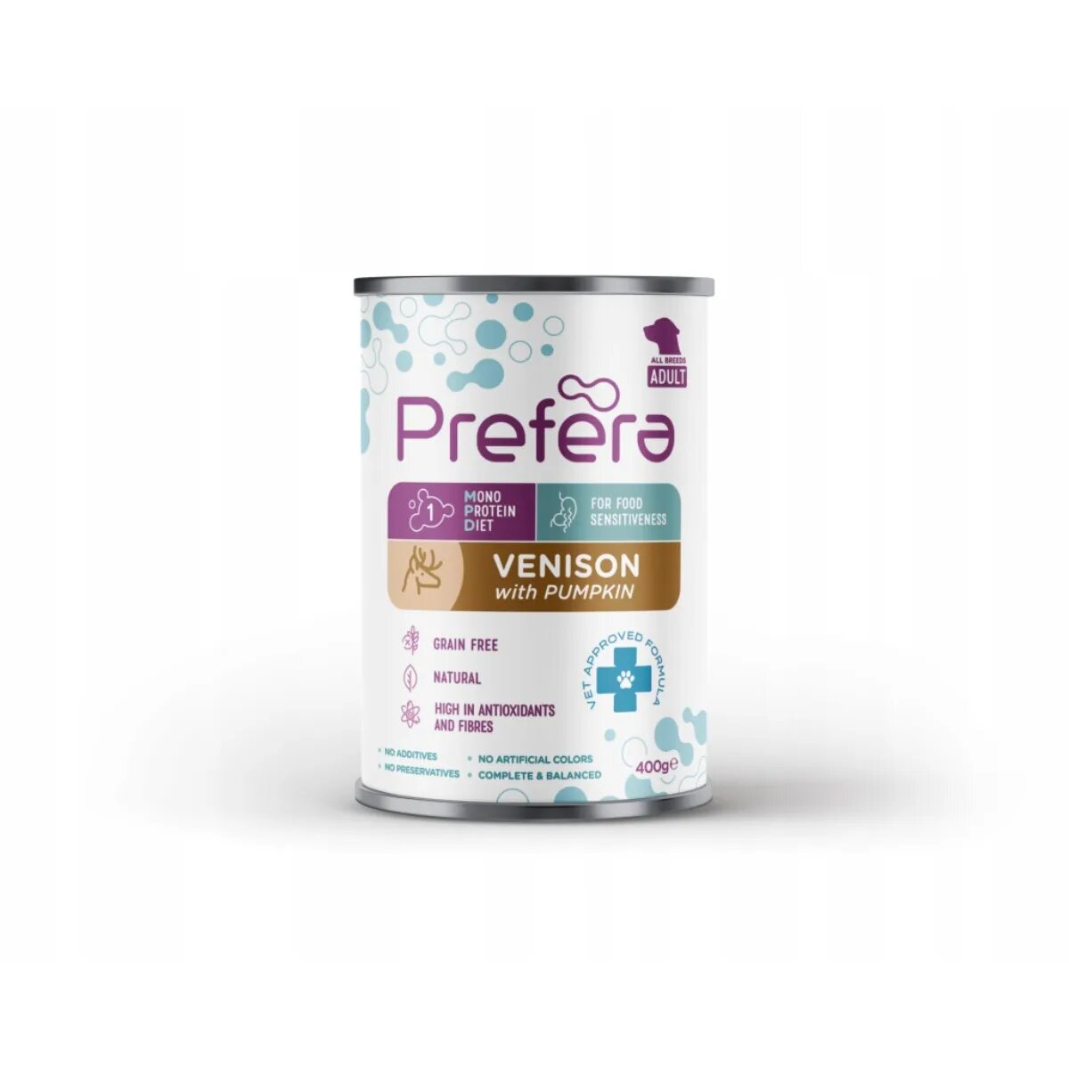 PREFERA MPD XS-XL Căprioară și dovleac dietă veterinară conservă hrană umedă monoproteică fără cereale câini (în suc propriu) 400g