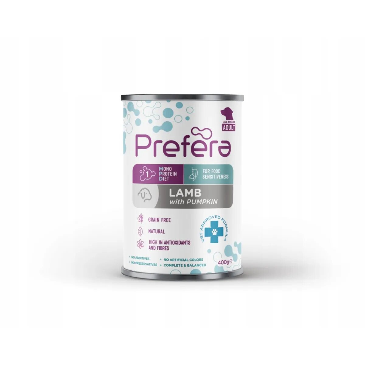 PREFERA MPD XS-XL Miel și dovleac dietă veterinară conservă hrană umedă monoproteică fără cereale câini (în suc propriu) 400g