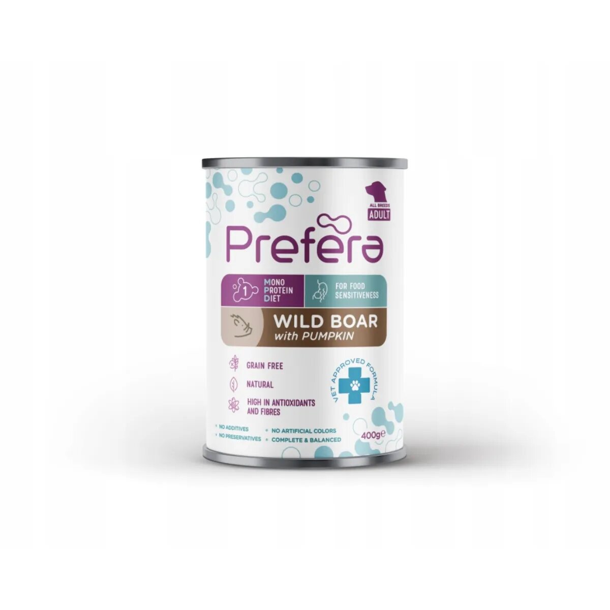 PREFERA MPD XS-XL Mistreț și dovleac dietă veterinară conservă hrană umedă monoproteică fără cereale câini (în suc propriu) 400g