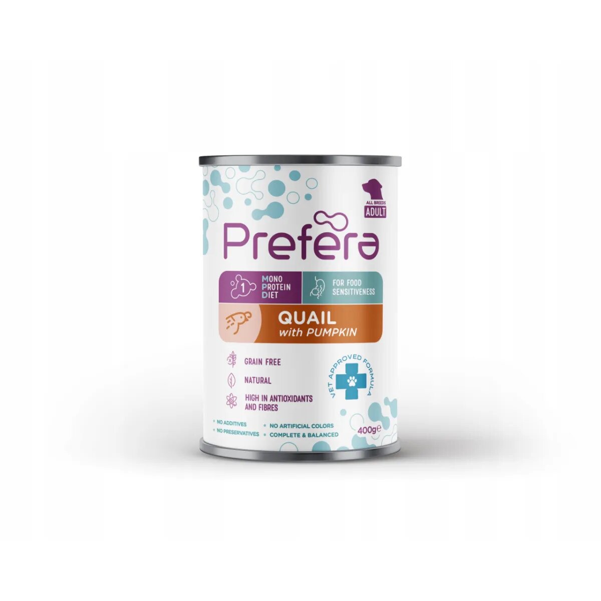 PREFERA MPD XS-XL Prepeliță și dovleac dietă veterinară conservă hrană umedă monoproteică fără cereale câini (în suc propriu) 400g