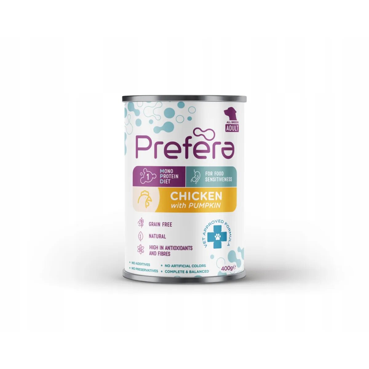 PREFERA MPD XS-XL Pui și dovleac dietă veterinară conservă hrană umedă monoproteică fără cereale câini (în suc propriu) 400g