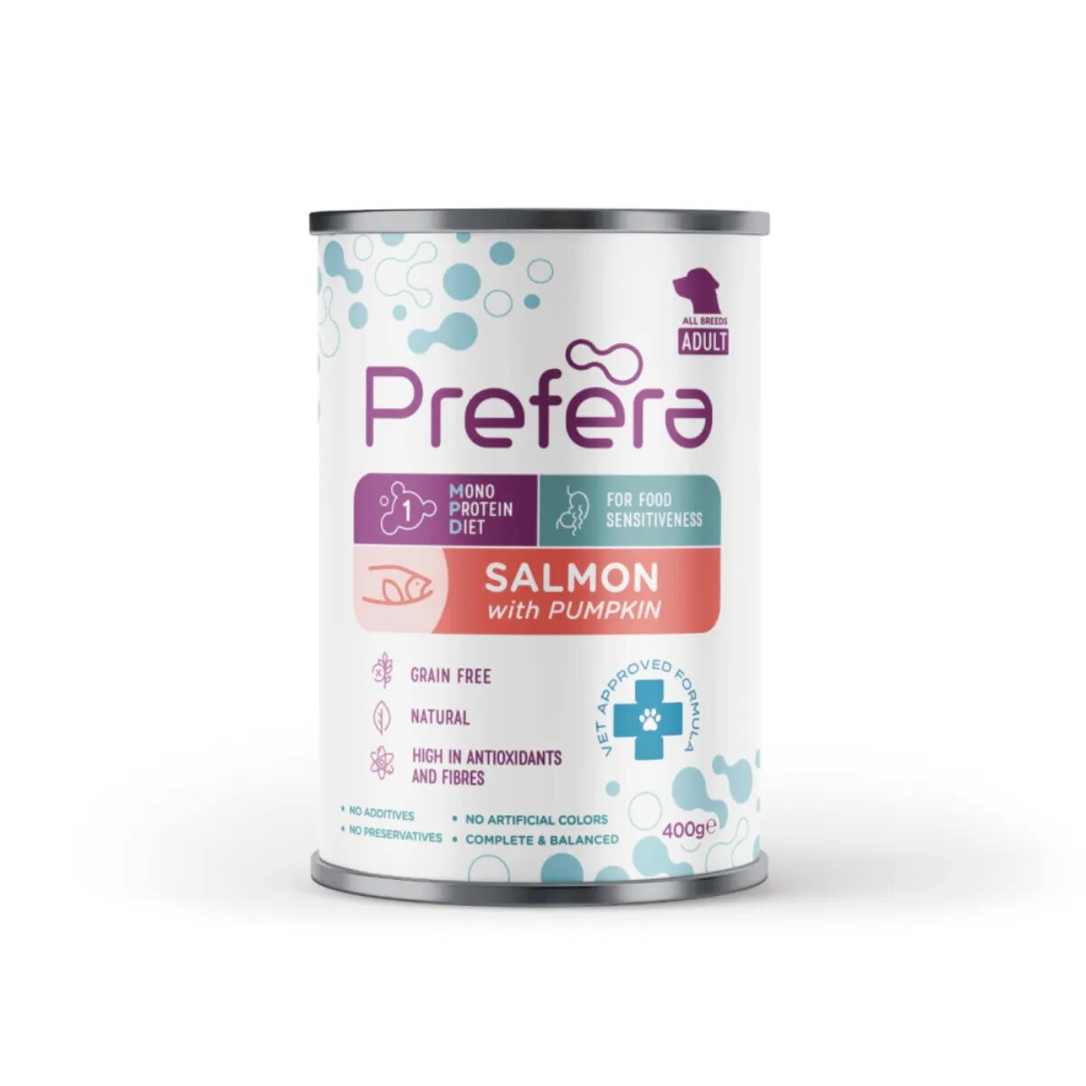 PREFERA MPD XS-XL Somon și dovleac dietă veterinară conservă hrană umedă monoproteică fără cereale câini (în suc propriu) 400g