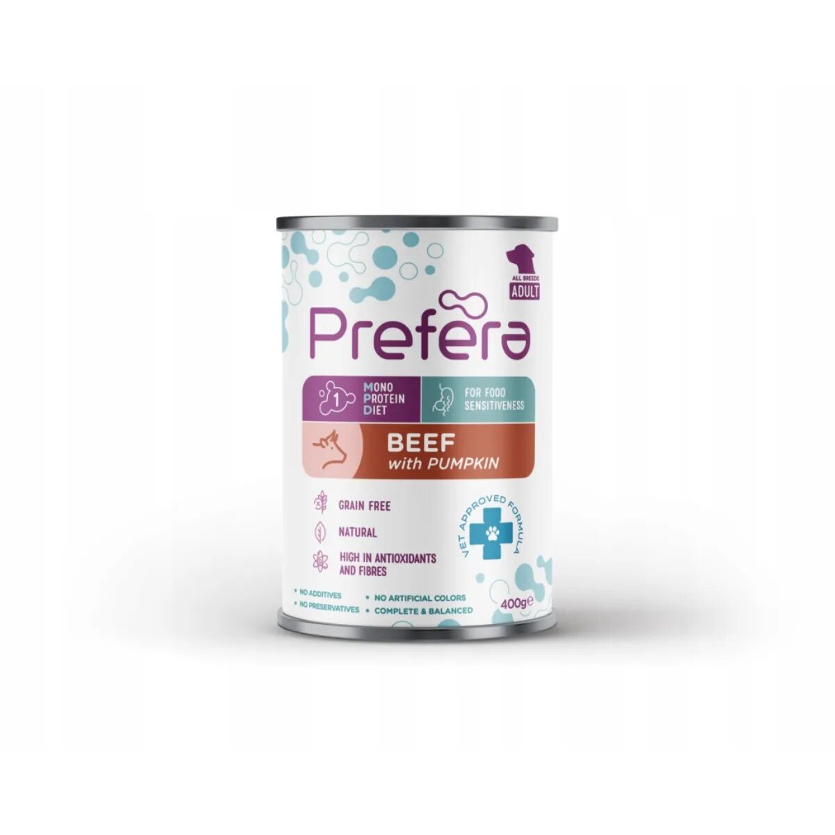 PREFERA MPD XS-XL Vită și dovleac dietă veterinară conservă hrană umedă monoproteică fără cereale câini (în suc propriu) 400g