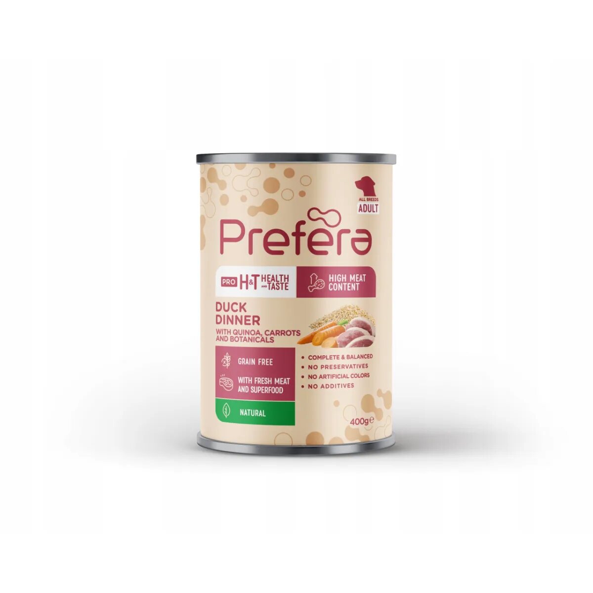 PREFERA Pro H&T Dinner XS-XL Rață și Quinoa conservă hrană umedă fără cereale câini (pate) 400g